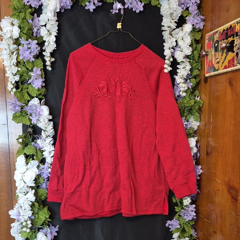 Women’s Red Crew Neck Sweater with Floral Embroidery